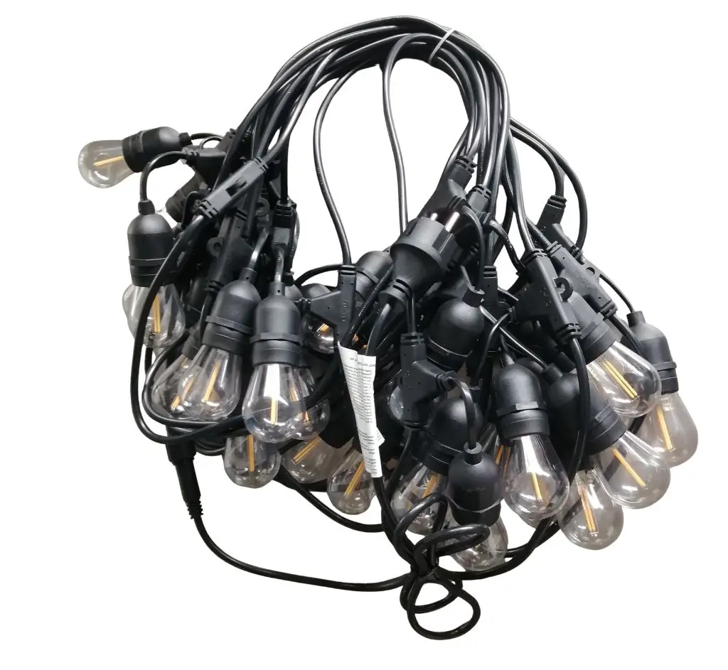 PROfesionali stambių lempučių „bulbs“ girlianda su lemputėmis POLAMP, 15m, 30x2W LED, E27, juodu laidu, IP44