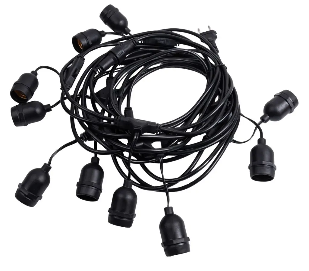PROfesionali stambių lempučių „bulbs“ girlianda POLAMP, 20m, 20xE27, juodu laidu, IP44