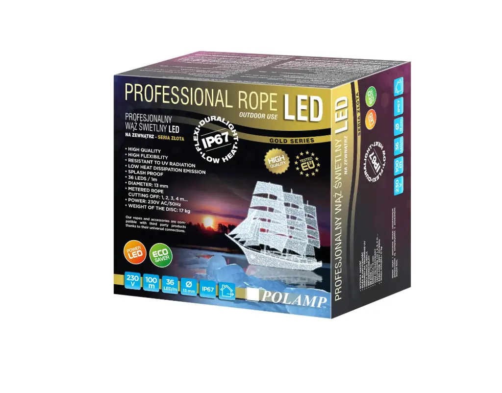 PROfesionali LED žarna-kabelis ROPELIGHT NK1 POLAMP, 13 mm, 36 LED/m, vert., 230V, purpurinė, IP67, 1m