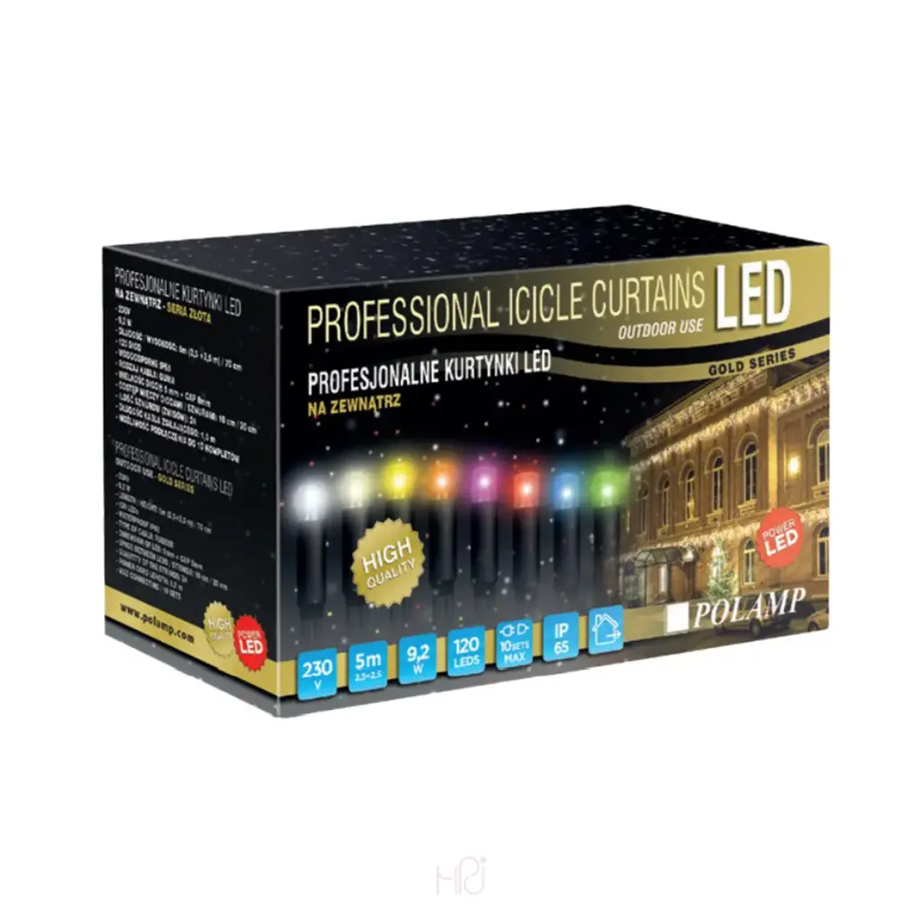 PROfesionali FLASH girlianda-varvekliai POLAMP, 5m(2,5+2,5)x0,7m, 96+24 LED, šiltai balta, juodu laidu, IP67