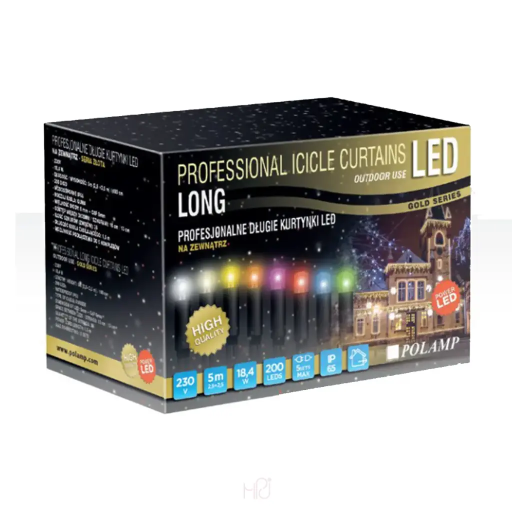 PROfesionali girlianda-varvekliai POLAMP, 5m(2,5+2,5)x1m, 200 LED, šaltai balta, baltu laidu, IP67