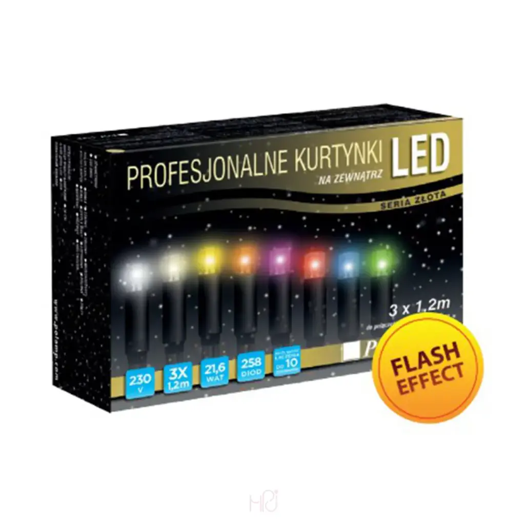 PROfesionali FLASH girlianda-varvekliai POLAMP, 3,6m(3x1,2m)x1m, 207+51 LED, šiltai balta, juodu laidu, IP67