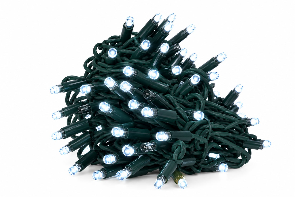 PROfesionali FLASH lempučių girlianda POLAMP, 10m (5+5), 80+20 LED, šaltai balta, žaliu laidu, IP67