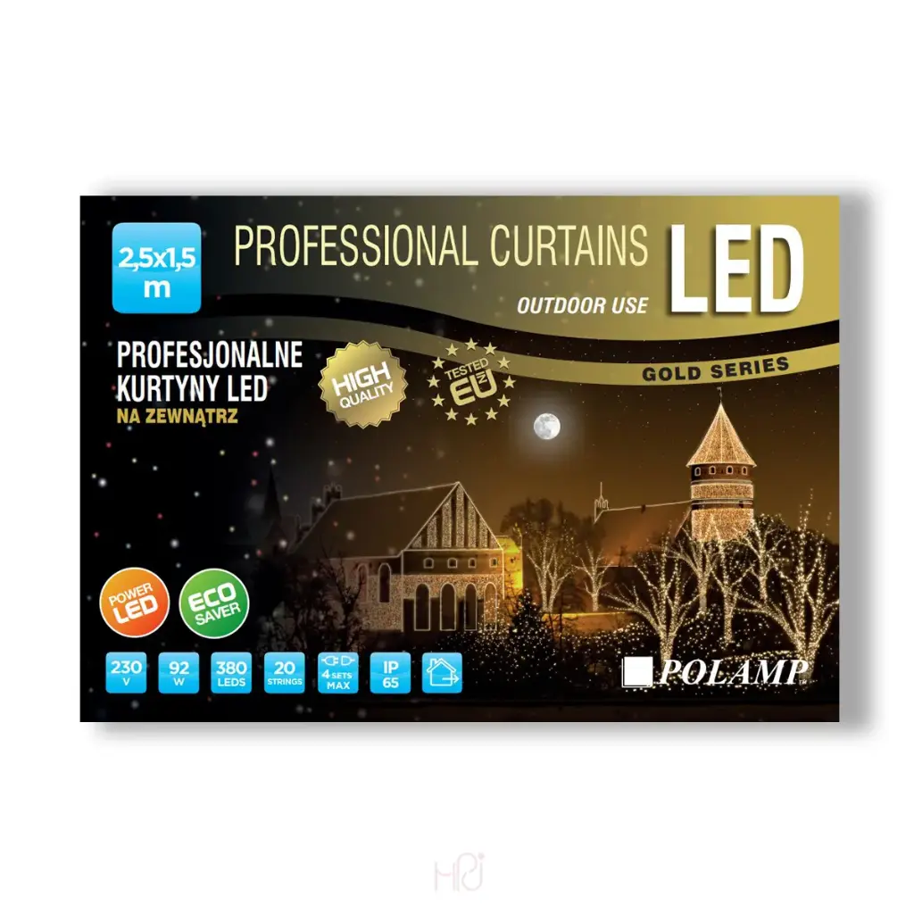 PROfesionali lempučių užuolaida POLAMP, 2,5x1,5m, 380 LED, šiltai balta, juodu laidu, IP67