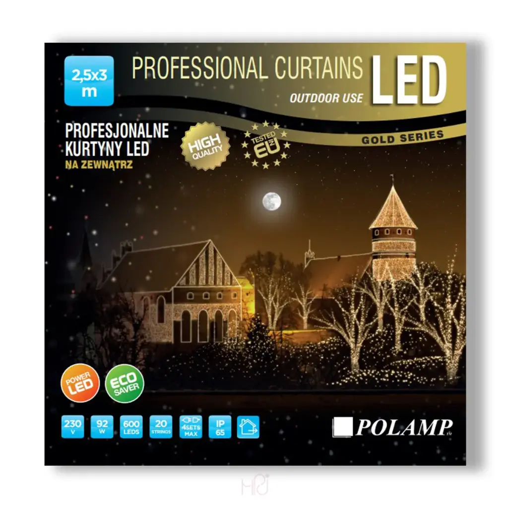 PROfesionali lempučių užuolaida POLAMP, 2,5x3m, 600 LED, šiltai balta, baltu laidu, IP67