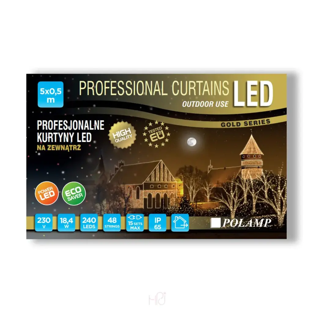 PROfesionali FLASH lempučių užuolaida POLAMP, 5x0,5m, 192+48 LED, šaltai balta, juodu laidu, IP67