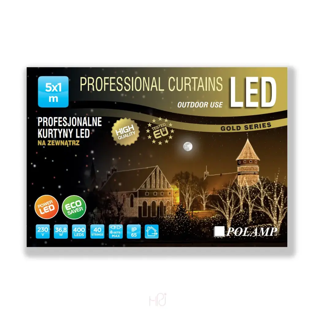 PROfesionali FLASH lempučių užuolaida POLAMP, 5x1m, 320+80 LED, šiltai balta, juodu laidu, IP67