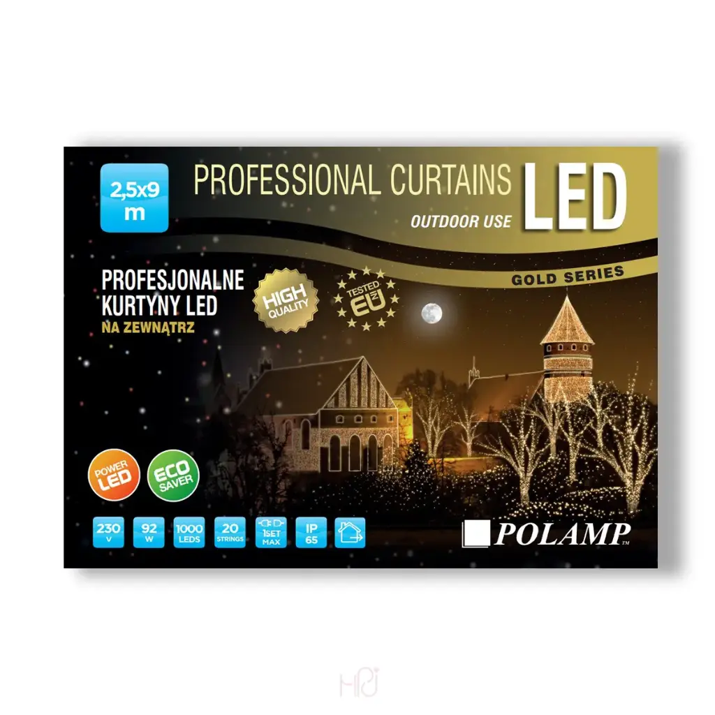PROfesionali FLASH lempučių užuolaida POLAMP, 2,5x9m, 800+200 LED, šaltai balta, juodu laidu, IP67