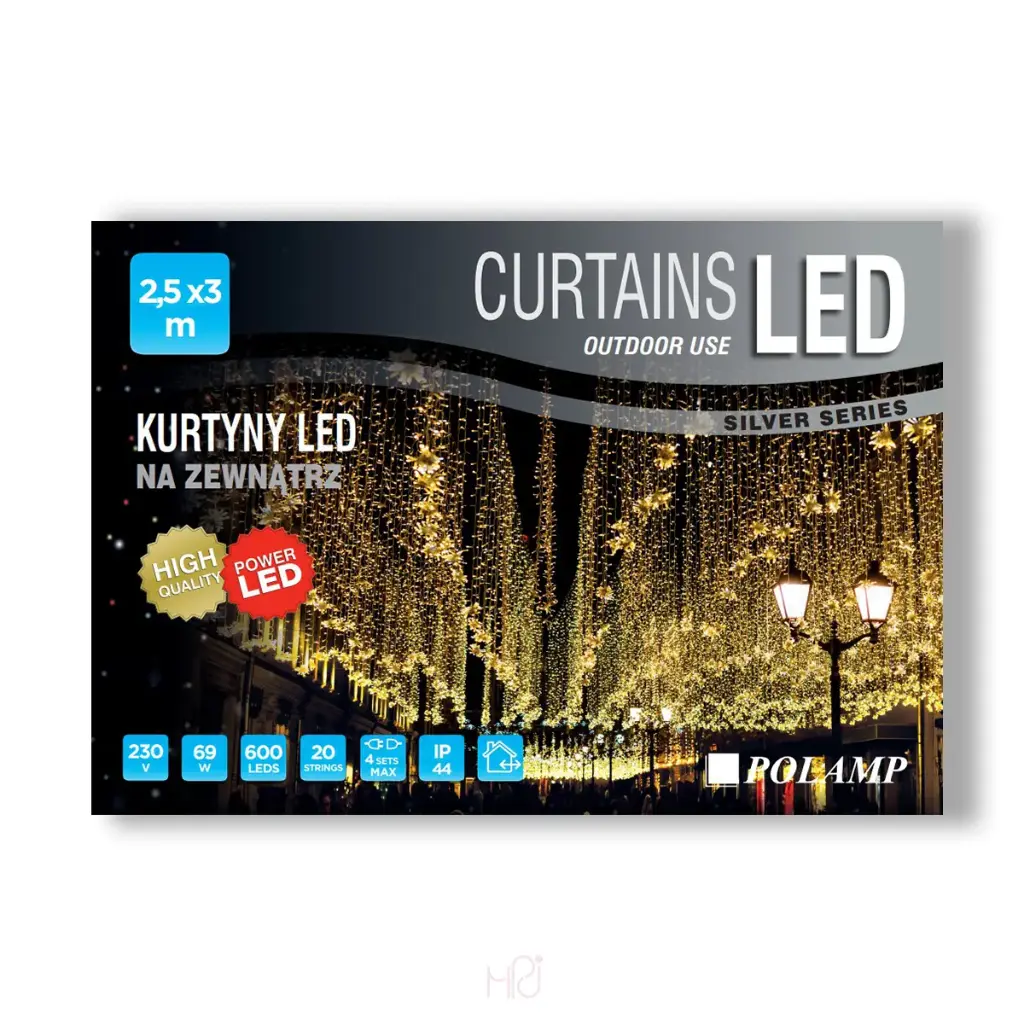 Lempučių užuolaida POLAMP, 2,5x3m, 600 LED, šiltai balta, skaidriu laidu, IP44