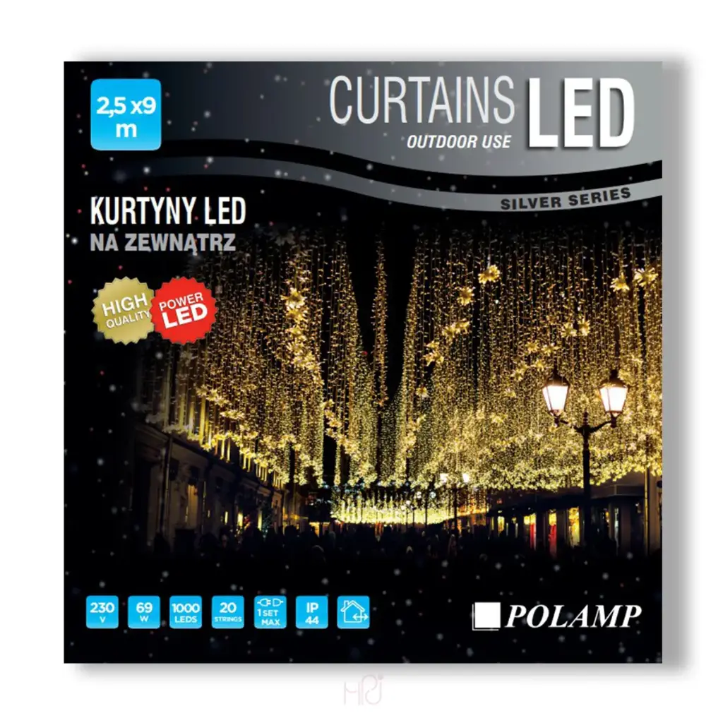 Lempučių užuolaida POLAMP, 2,5x9m, 1000 LED, šaltai balta, skaidriu laidu, IP44