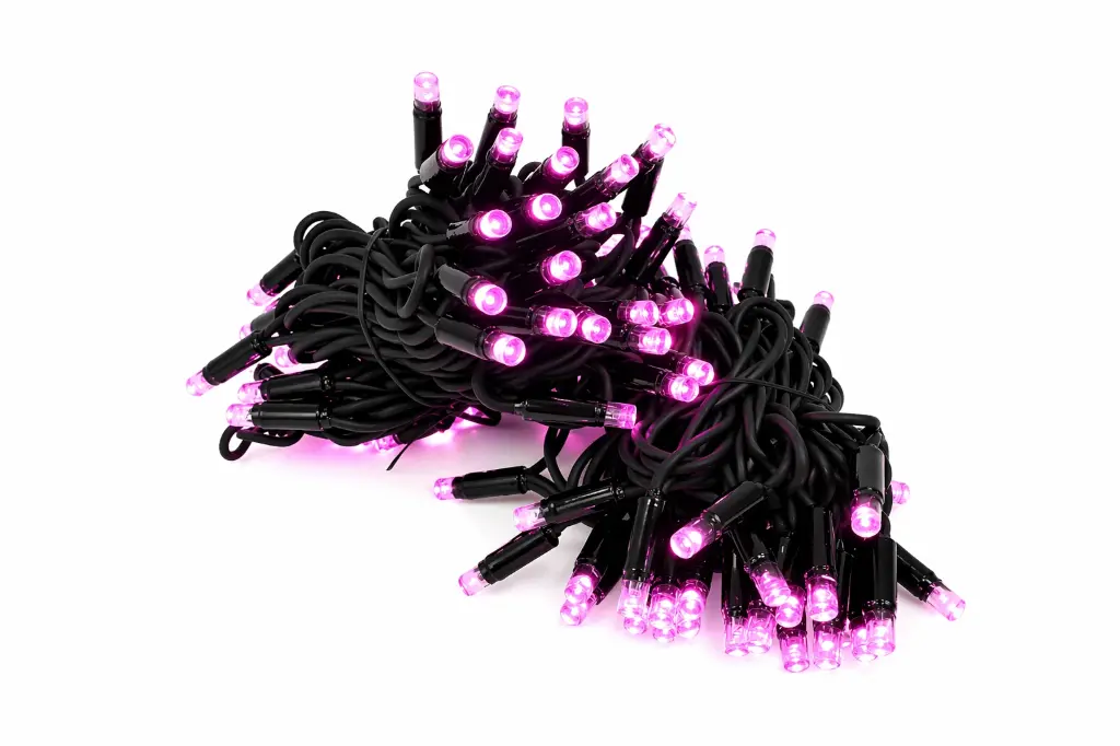 PROfesionali lempučių girlianda POLAMP, 10m (5+5), 100 LED, rožinė, juodu laidu, IP67