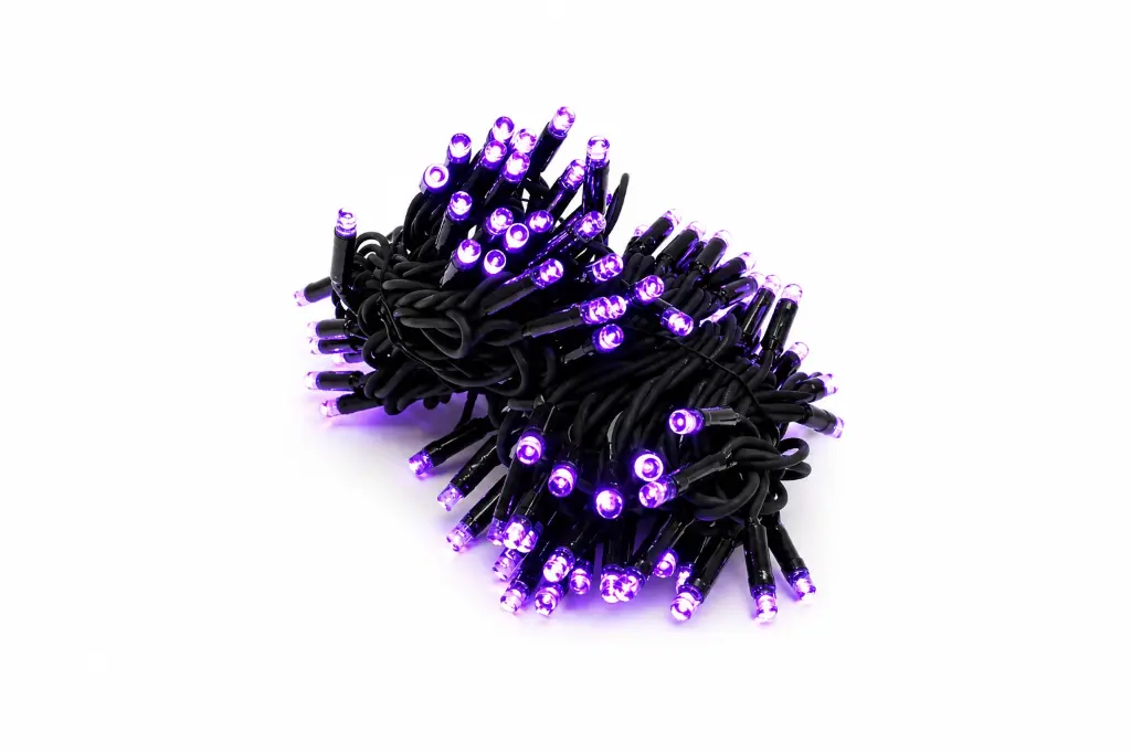PROfesionali lempučių girlianda POLAMP, 10m (5+5), 100 LED, purpurinė, juodu laidu, IP67