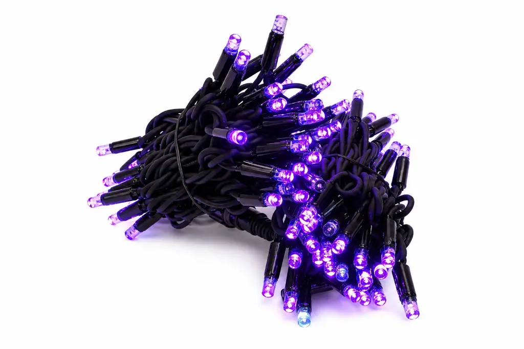 PROfesionali FLASH lempučių girlianda POLAMP, 10m (5+5), 80+20 LED, purpurinė, juodu laidu, IP67