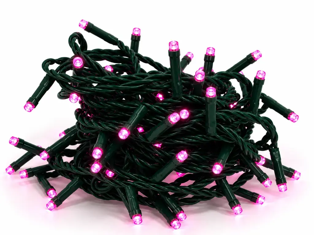 Lempučių girlianda POLAMP, 10m, 100 LED, rožinė, žaliu laidu, IP44