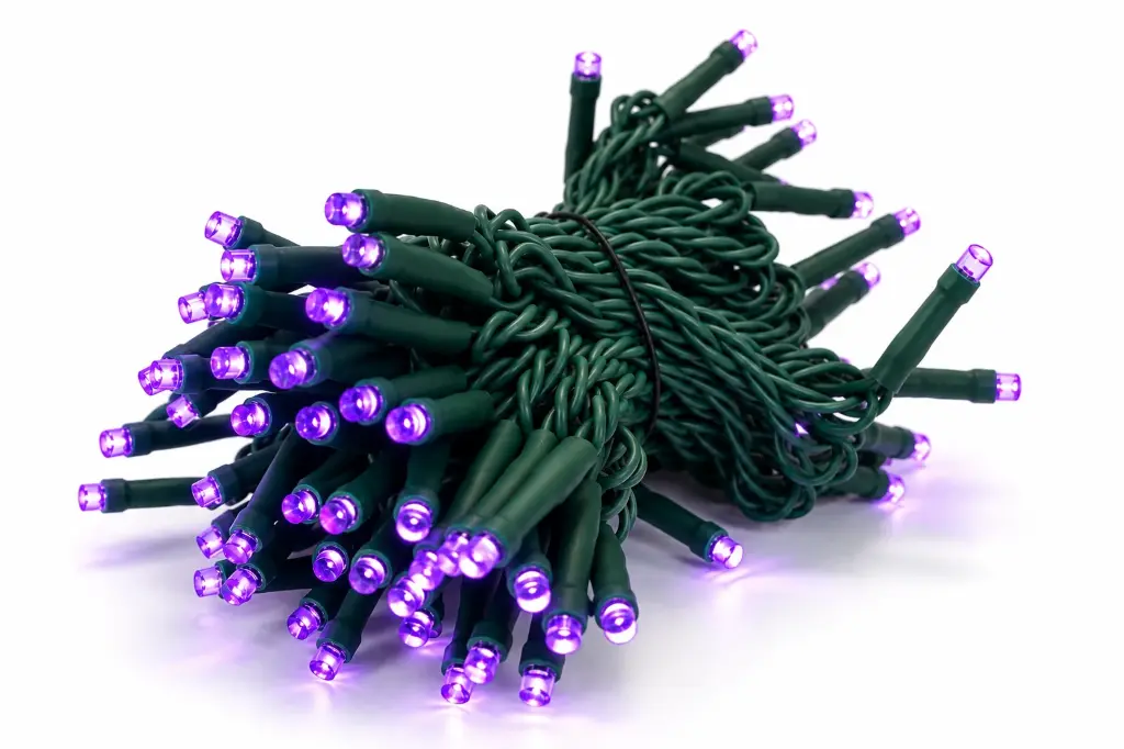 Lempučių girlianda POLAMP, 10m, 100 LED, purpurinė, žaliu laidu, IP44