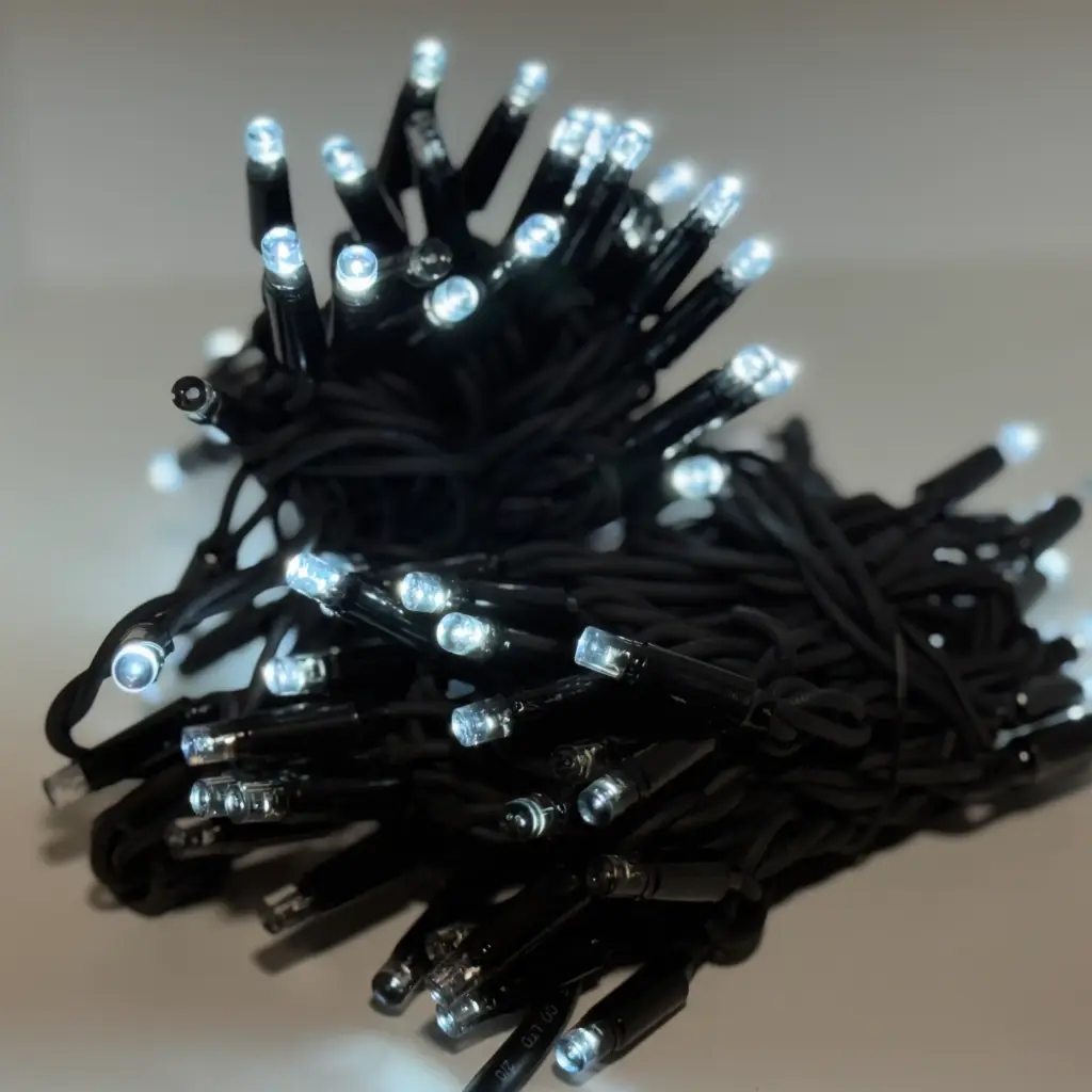 PROfesionali FULL-FLASH lempučių girlianda POLAMP, 10m (5+5), 100 LED, šaltai balta, juodu laidu, IP67