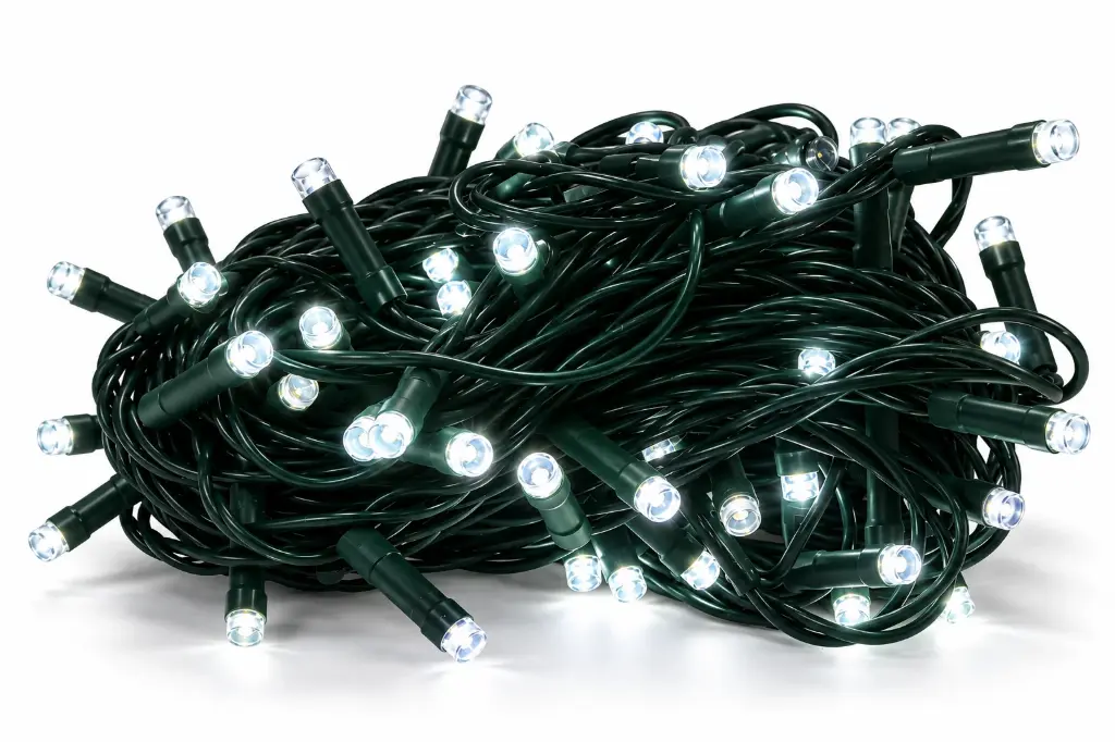 FLASH lempučių girlianda POLAMP, 10m, 80+20 LED, šaltai balta, žaliu laidu, IP44