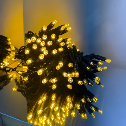 [POL-PLSL10M-CLW-G] PROfesionali lempučių girlianda POLAMP, 10m (5+5), 100 LED, klasikinė balta, žaliu laidu, IP67