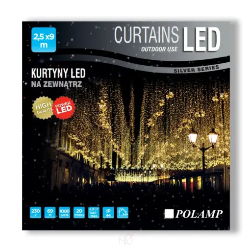 [POL-LCL2,5X9,0-WW-T] Lempučių užuolaida POLAMP, 2,5x9m, 1000 LED, šiltai balta, skaidriu laidu, IP44