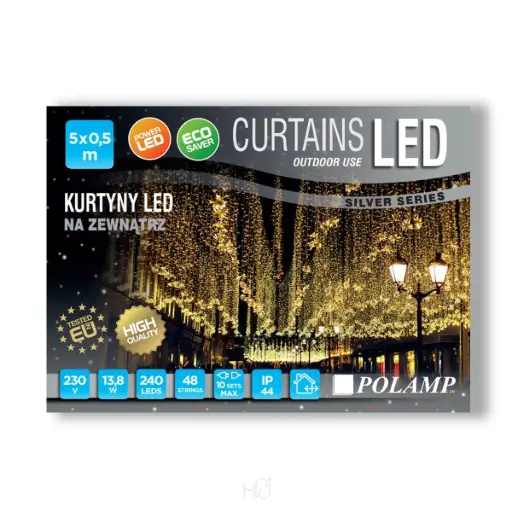 [POL-LCLf5X0,5-CW-T] FLASH lempučių užuolaida POLAMP, 5x0,5m, 192+48 LED, šaltai balta, skaidriu laidu, IP44
