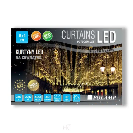 [POL-LCLf5X1,0-CW-T] FLASH lempučių užuolaida POLAMP, 5x1m, 320+80 LED, šaltai balta, skaidriu laidu, IP44