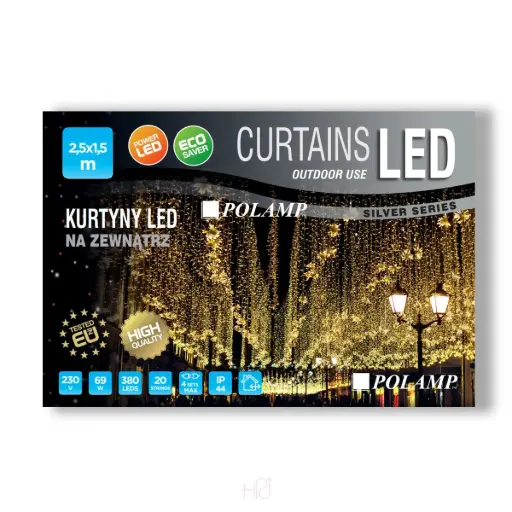 [POL-LCLf2,5X1,5-WW-T] FLASH lempučių užuolaida POLAMP, 2,5x1,5m, 304+76 LED, šiltai balta, skaidriu laidu, IP44