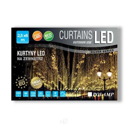 [POL-LCLf2,5X6,0-WW-T] FLASH lempučių užuolaida POLAMP, 2,5x6m, 576+144 LED, šiltai balta, skaidriu laidu, IP44