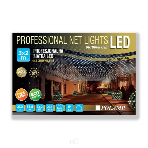 [POL-PLNLf3x2-WW-BL] PROfesionalus FLASH lempučių tinklas POLAMP, 3x2m, 238+40 LED, šiltai balta, juodu laidu, IP67